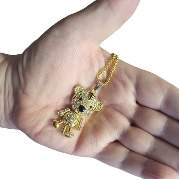 Articulated Gold Tone Black Enamel Round Crystal Teddy Bear Pendant 24" Chain - Picture 5 of 6